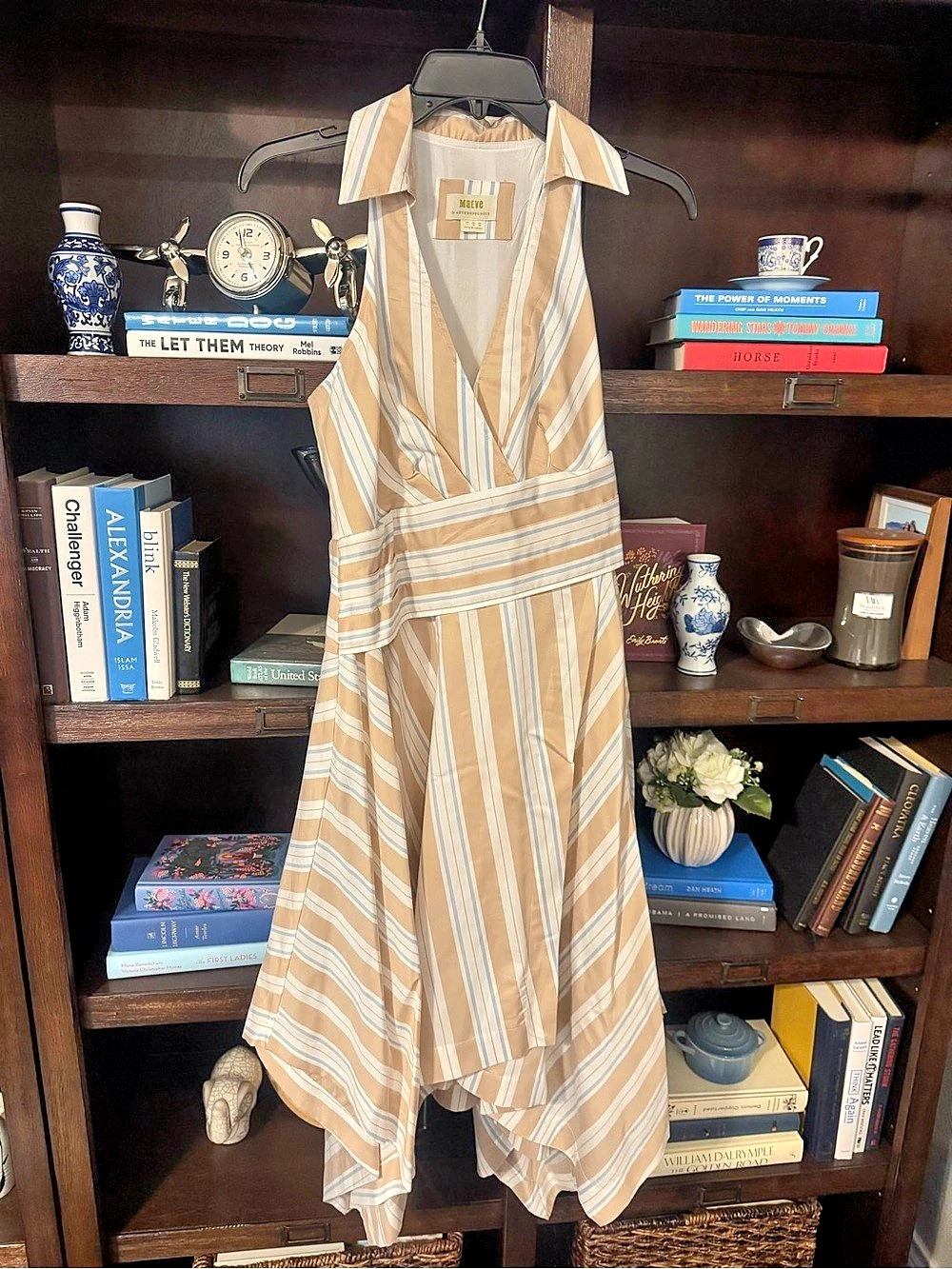 Maeve Striped Midi Dress in Tan & White Size Small Like New